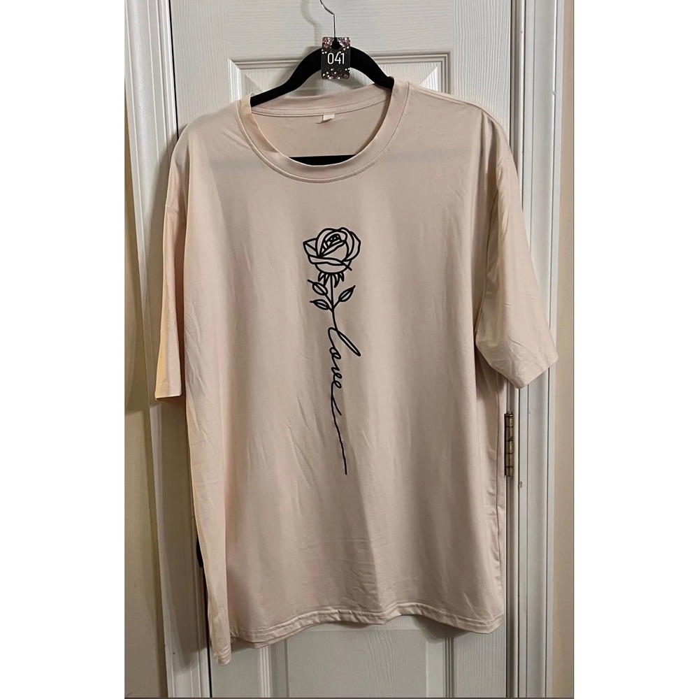 Womens Rose Love Graphic T-Shirt Peach Apricot Short Sleeve XXL Oversized Tee